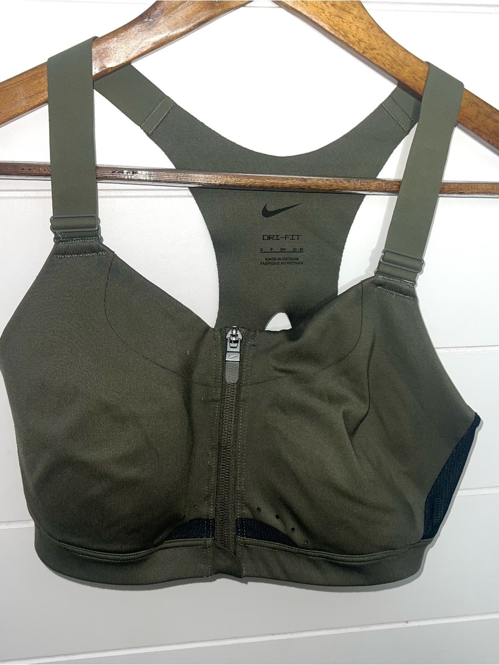 Nike Dri-FIT High Support Front Zip Sports Bra Olive Green Small